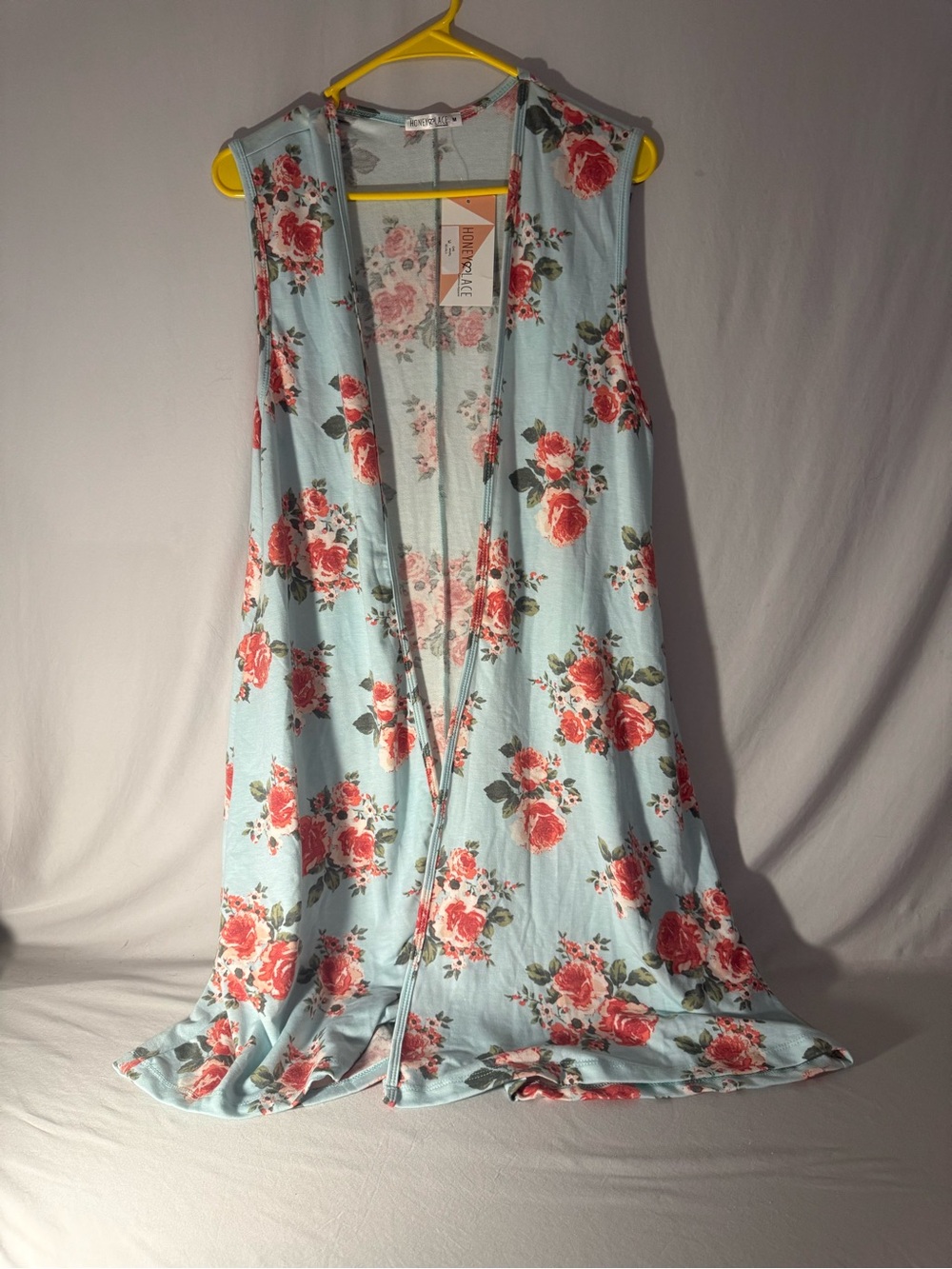 Sleeveless Floral Tunic Vest in Light Blue with Coral Roses